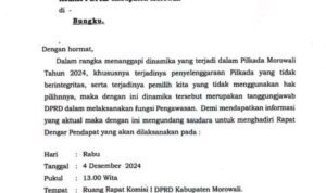 Surat Ketua DPRD Morowali terkait pengawasan Pilkada