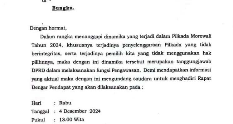 Surat Ketua DPRD Morowali terkait pengawasan Pilkada