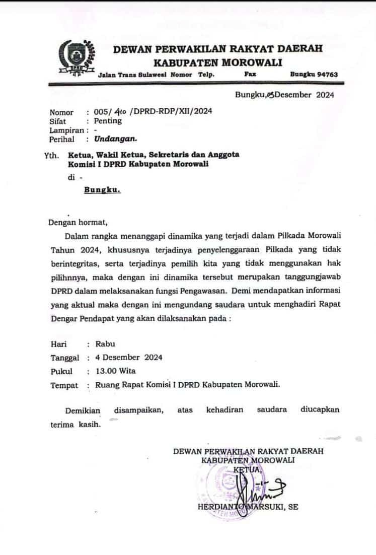 Surat Ketua DPRD Morowali terkait pengawasan Pilkada