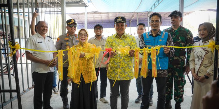 Bupati Morowali, Iksan Baharudin Abdul Rauf bersama Forkompinda saat meresmikan listrik menyala 24 jam di Menui Kepulauan.
