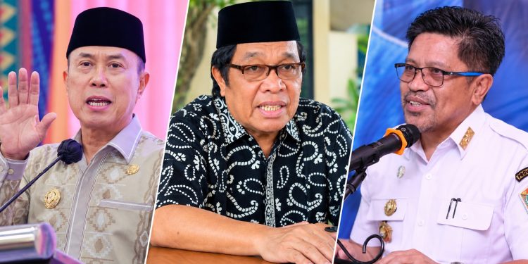 Gubernur Sulawesi Tenggara Andi Sumangerukka, anggota DPR RI Ridwan Bae, dan Kepala Dinas Pariwisata Sultra Ridwan Badallah di tengah polemik pernyataan yang menuai desakan evaluasi dari Bapera Muna Barat.